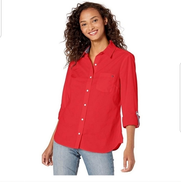 Tommy Hilfiger women red button down shirt - Picture 2 of 5